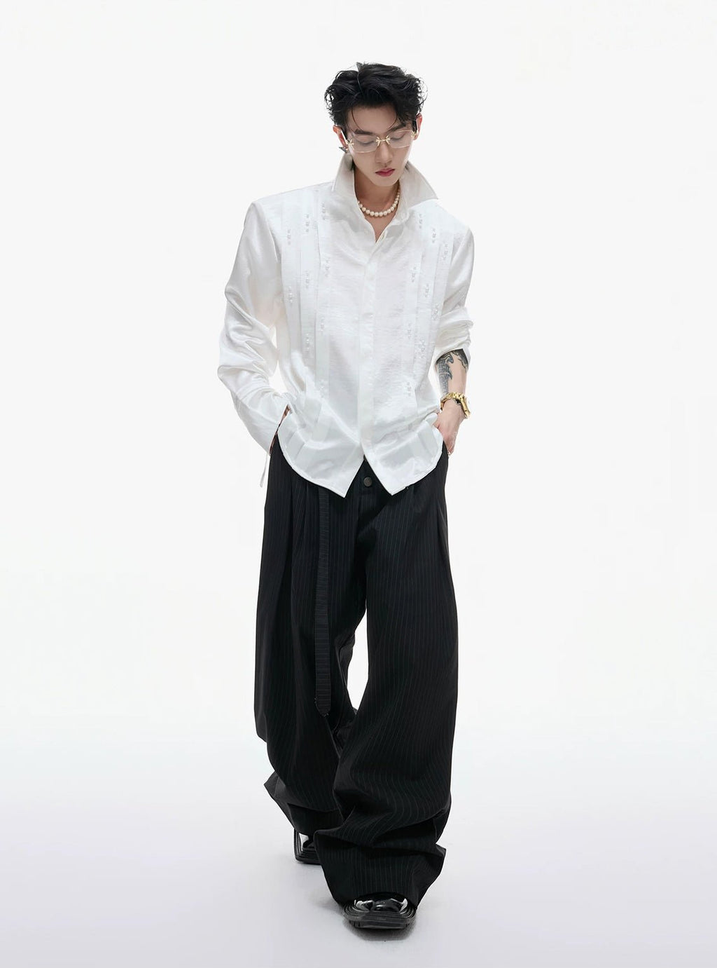 Pearl-Trim Tie-Neck Pleated Shirt - COPPING THREADS - Argue Culture