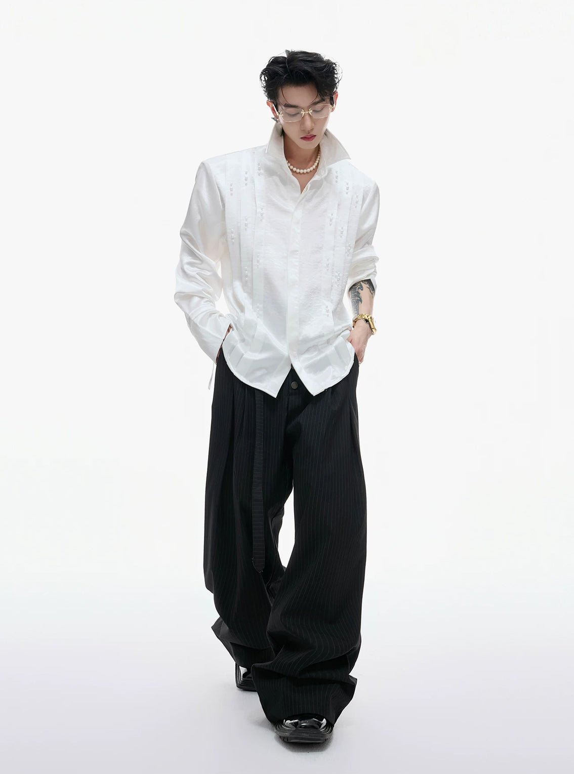 Pearl-Trim Tie-Neck Pleated Shirt - COPPING THREADS - Argue Culture