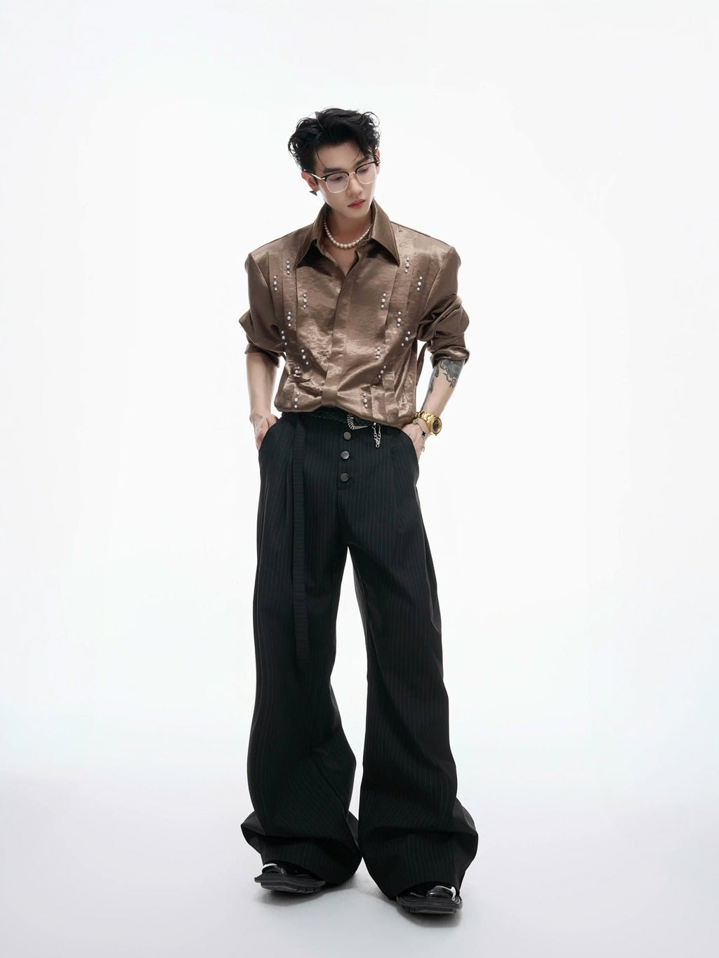 Pearl-Trim Tie-Neck Pleated Shirt - COPPING THREADS - Argue Culture