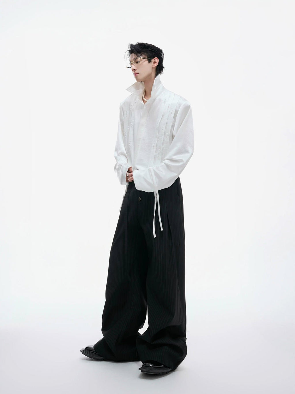 Pearl-Trim Tie-Neck Pleated Shirt - COPPING THREADS - Argue Culture