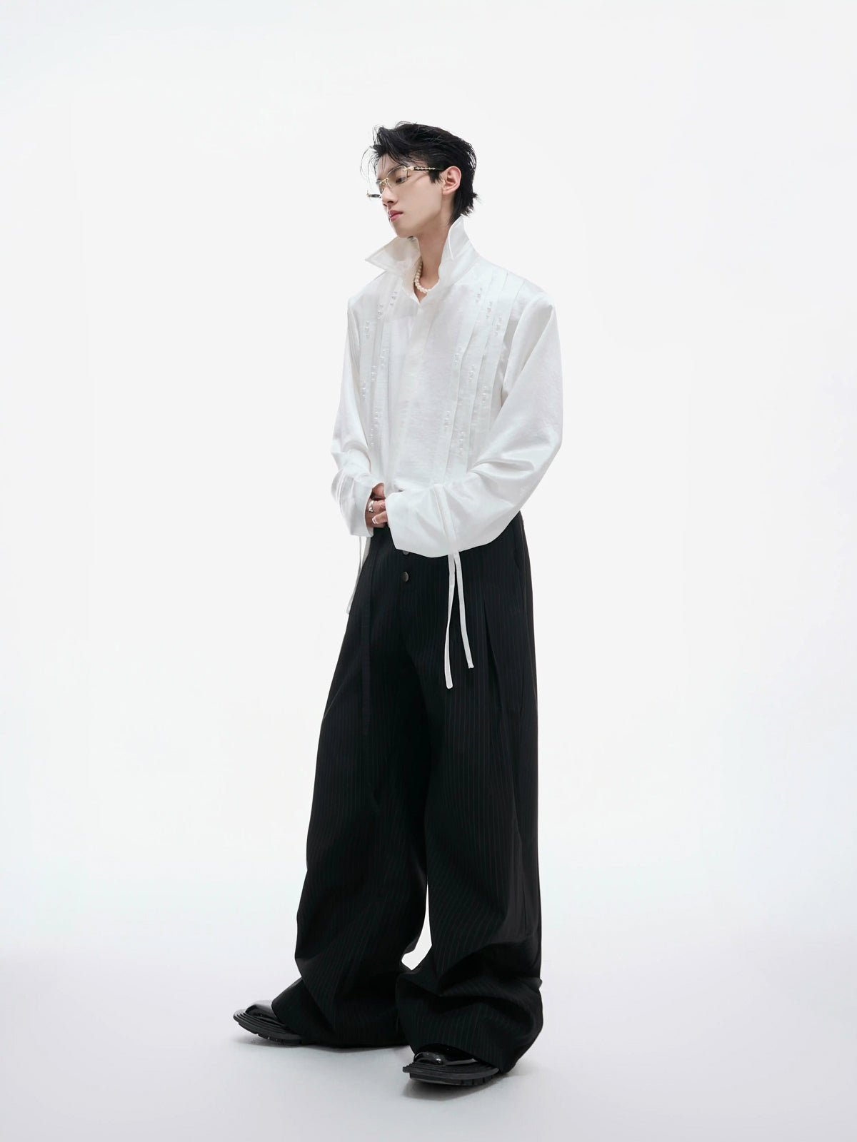 Pearl-Trim Tie-Neck Pleated Shirt - COPPING THREADS - Argue Culture