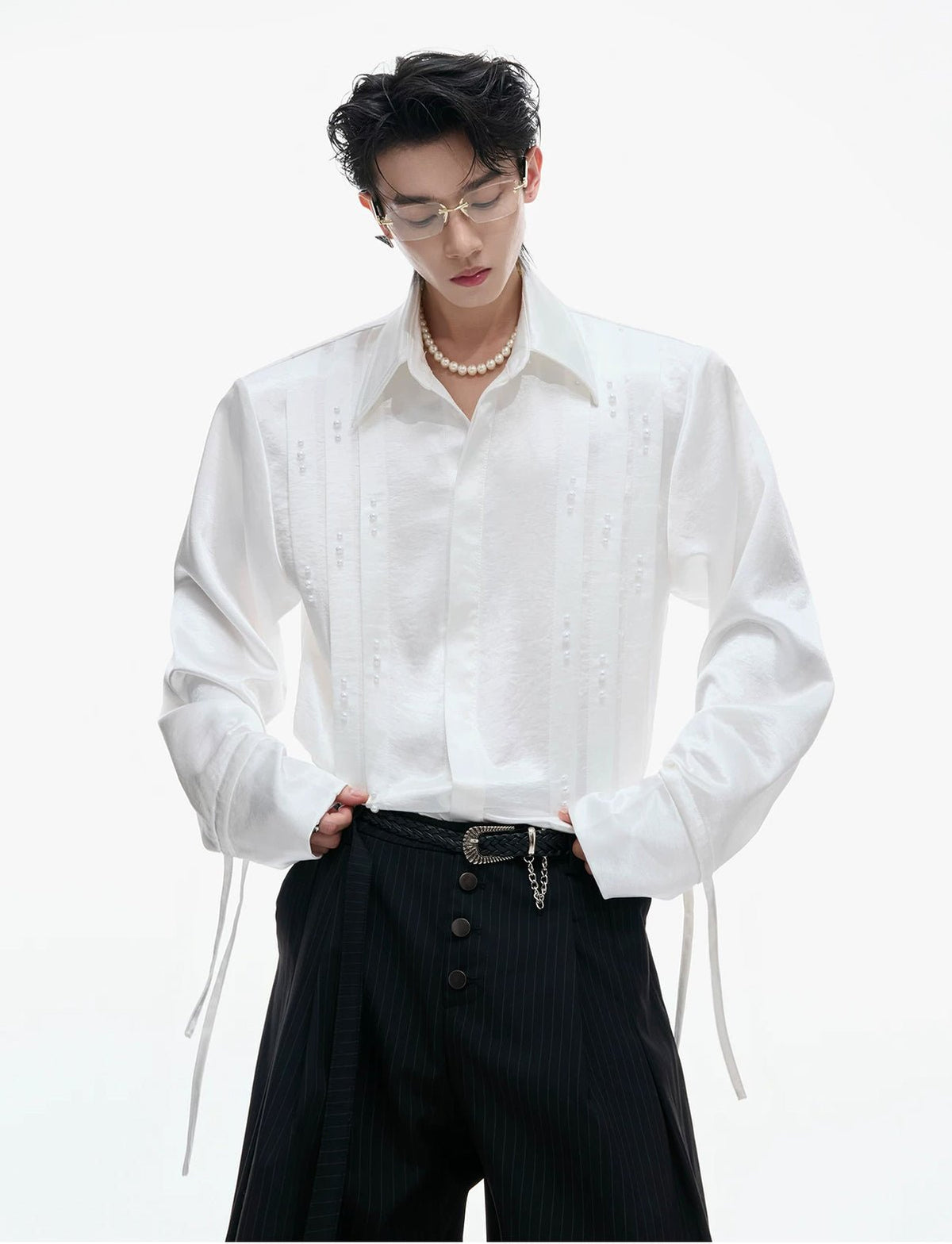 Pearl-Trim Tie-Neck Pleated Shirt - COPPING THREADS - Argue Culture