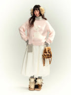 Pink Faux Mink Knit Rabbit Embroidered Pullover Sweater - COPPING THREADS - CHUMMY