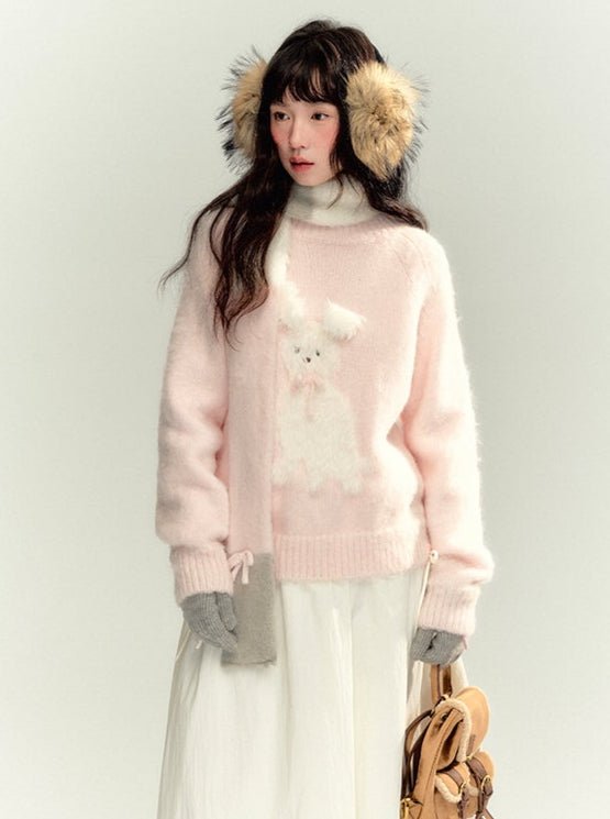 Pink Faux Mink Knit Rabbit Embroidered Pullover Sweater - COPPING THREADS - CHUMMY