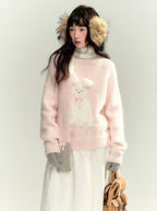Pink Faux Mink Knit Rabbit Embroidered Pullover Sweater - COPPING THREADS - CHUMMY