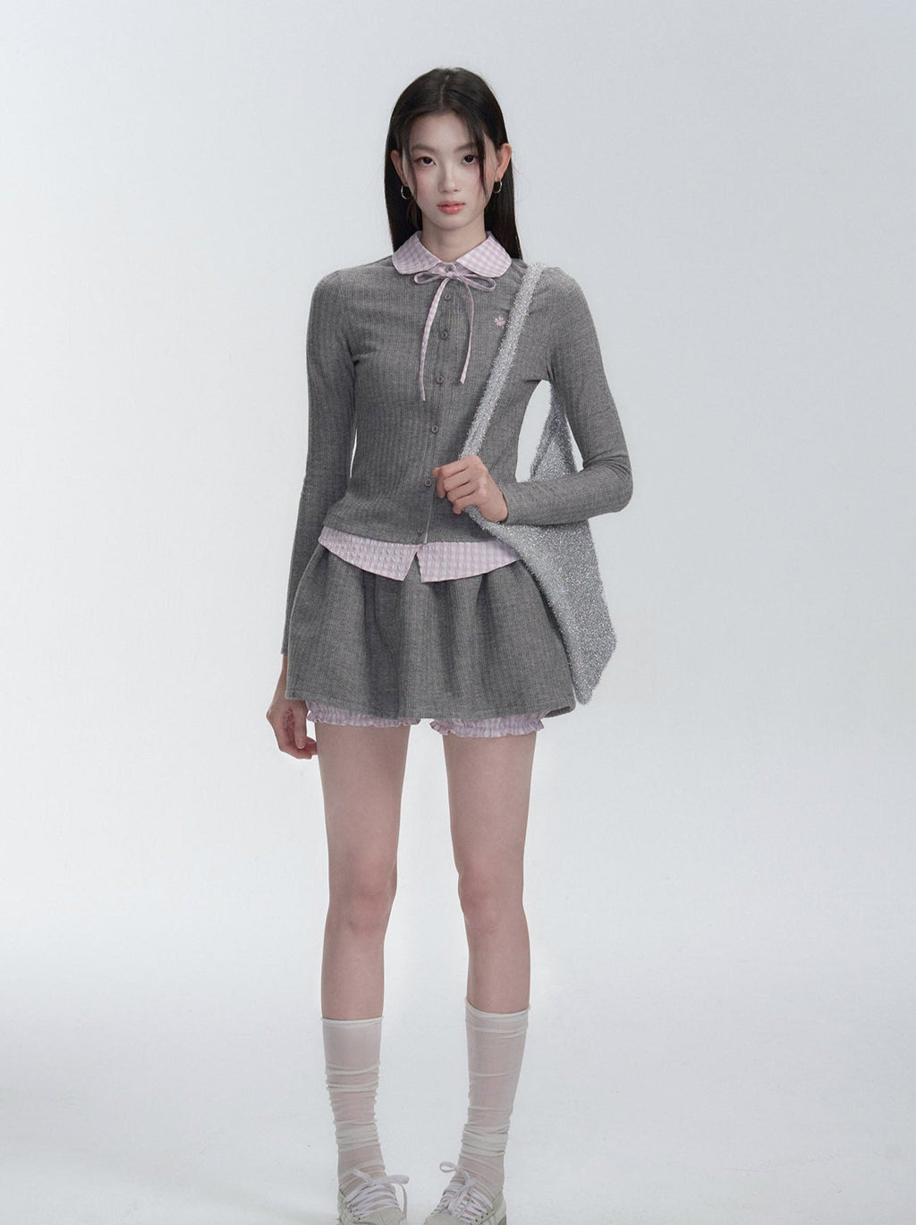 Pink & Gray Plaid Layered Knit Cardigan Set - COPPING THREADS - FRAGILE HEART