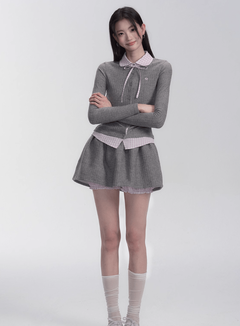 Pink & Gray Plaid Layered Knit Cardigan Set - COPPING THREADS - FRAGILE HEART