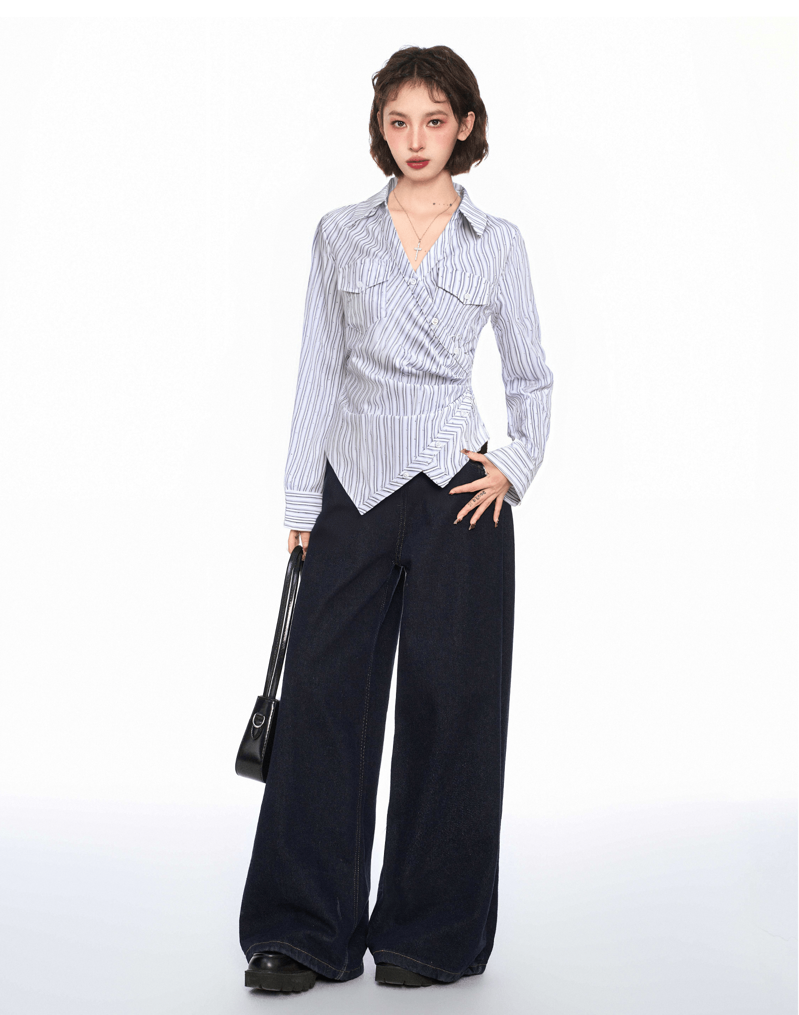 Pinstripe V-Neck Structured Polo Shirt Secondary image