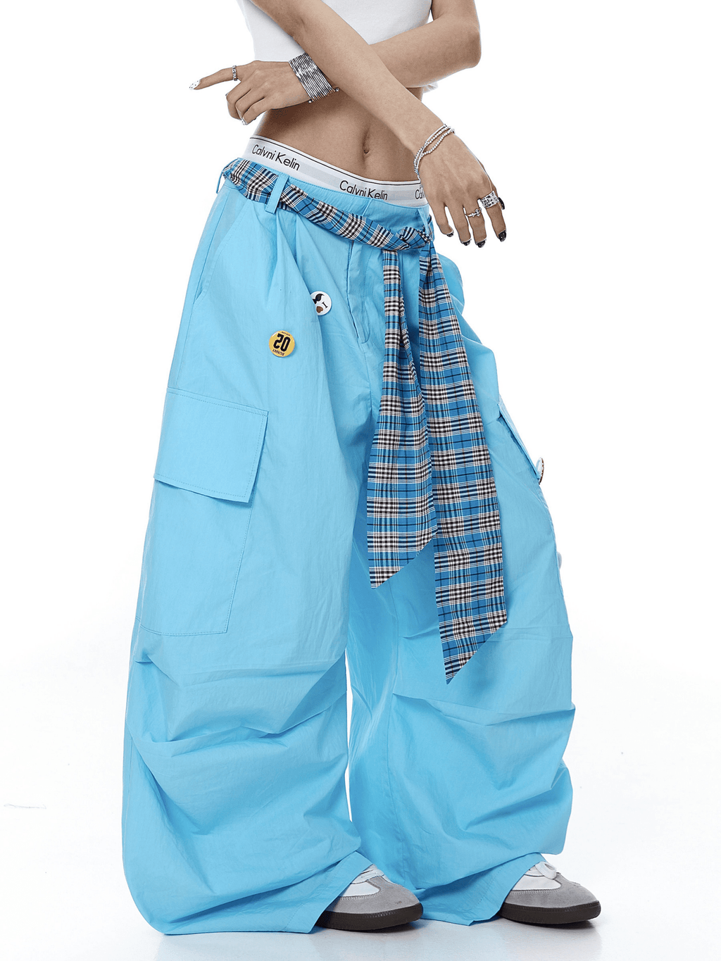 Plaid Belt Layered Badge Parachute Cargo Pants - COPPING THREADS - CT Select