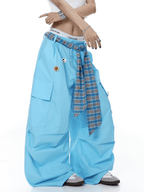 Plaid Belt Layered Badge Parachute Cargo Pants - COPPING THREADS - CT Select