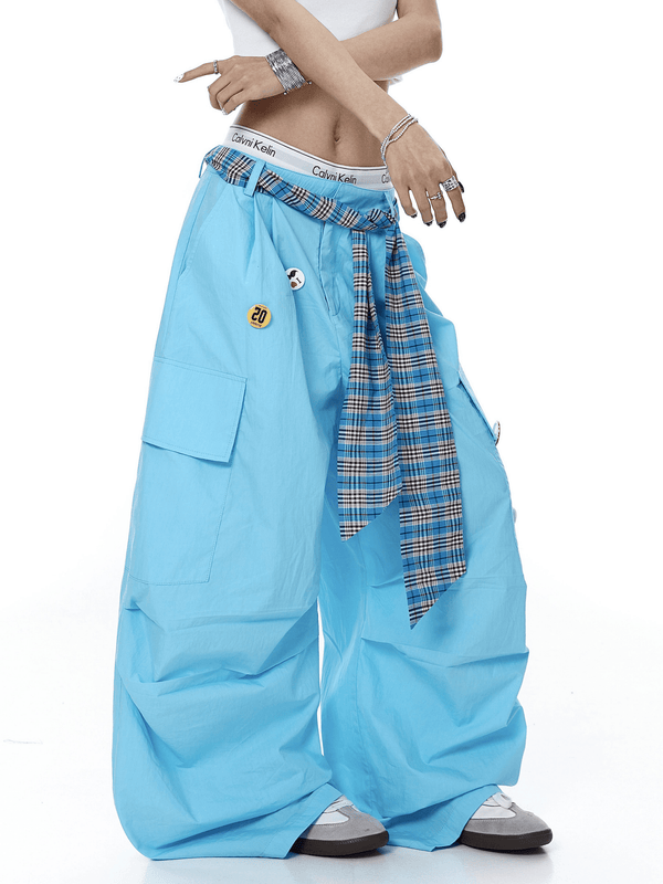 Plaid Belt Layered Badge Parachute Cargo Pants - COPPING THREADS - CT Select