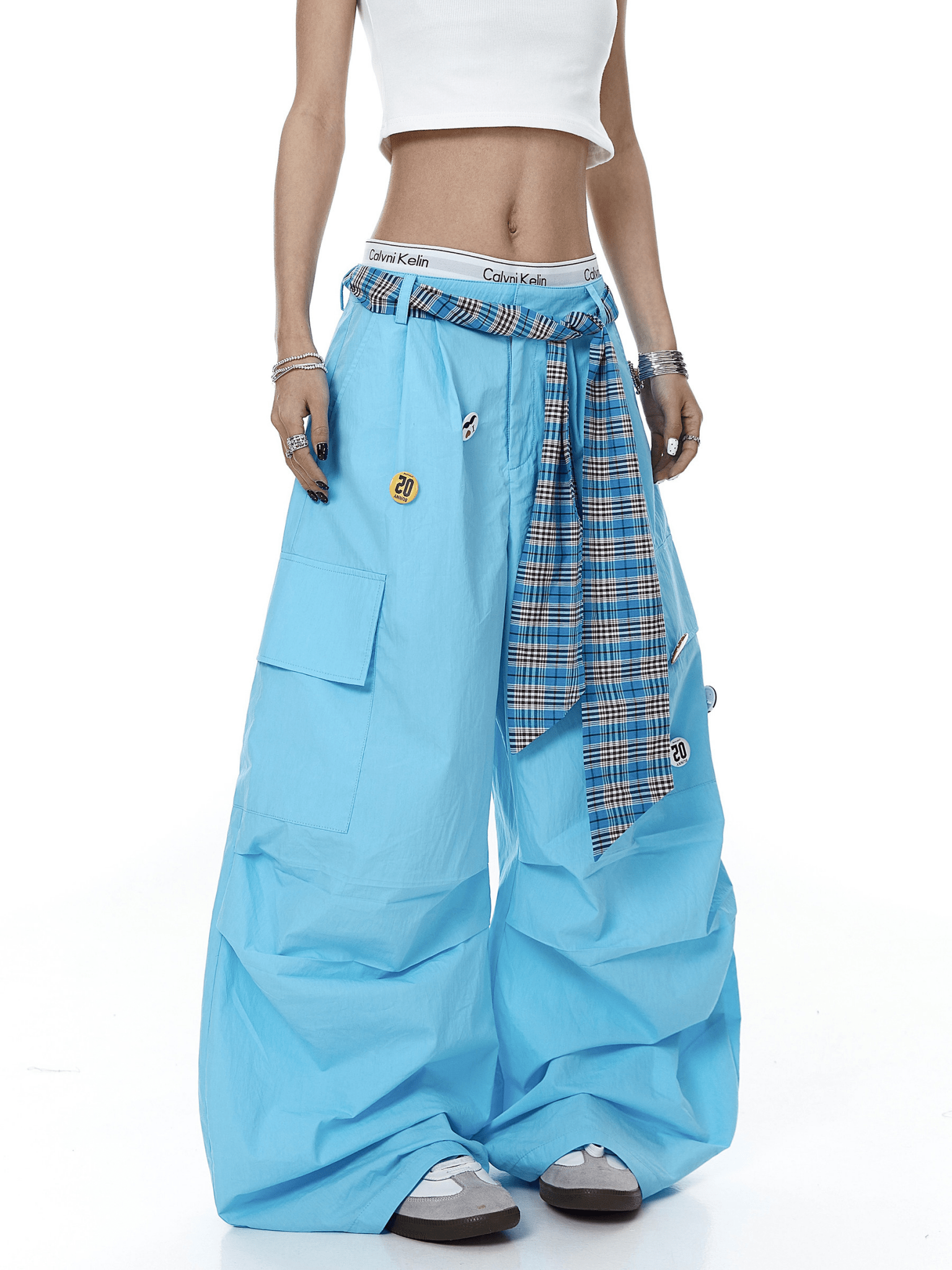 Plaid Belt Layered Badge Parachute Cargo Pants - COPPING THREADS - CT Select