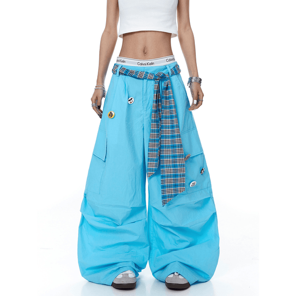 Plaid Belt Layered Badge Parachute Cargo Pants - COPPING THREADS - CT Select