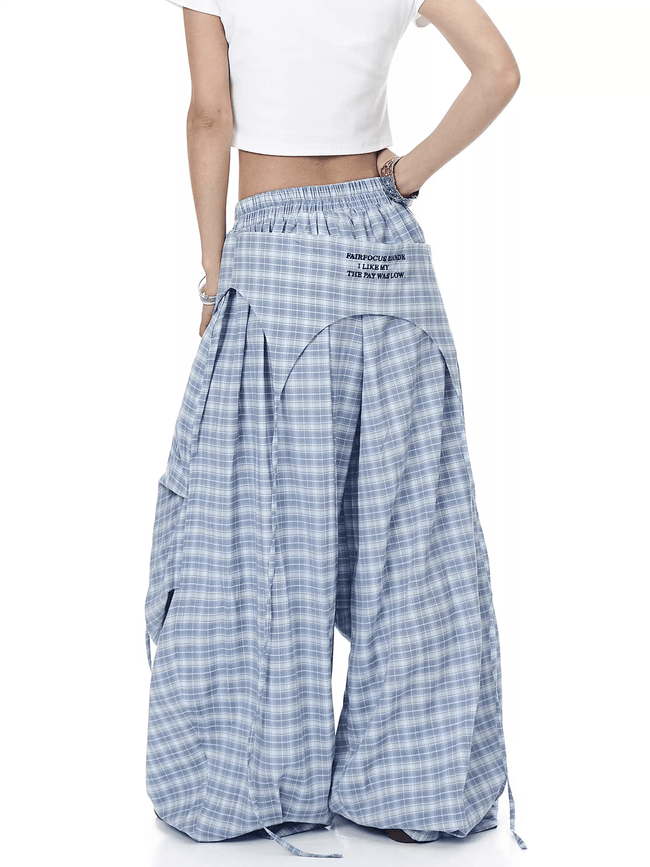 Plaid Drape Skirt-Layer Paratrooper Wide-Leg Trousers Main Image
