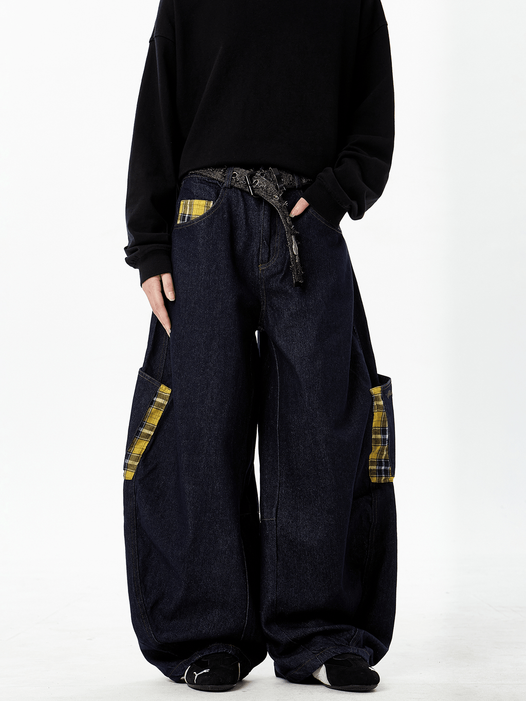 Plaid Panels Baggy Scythe Jeans - COPPING THREADS - CT Select