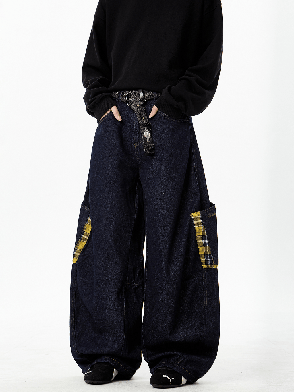 Plaid Panels Baggy Scythe Jeans - COPPING THREADS - CT Select