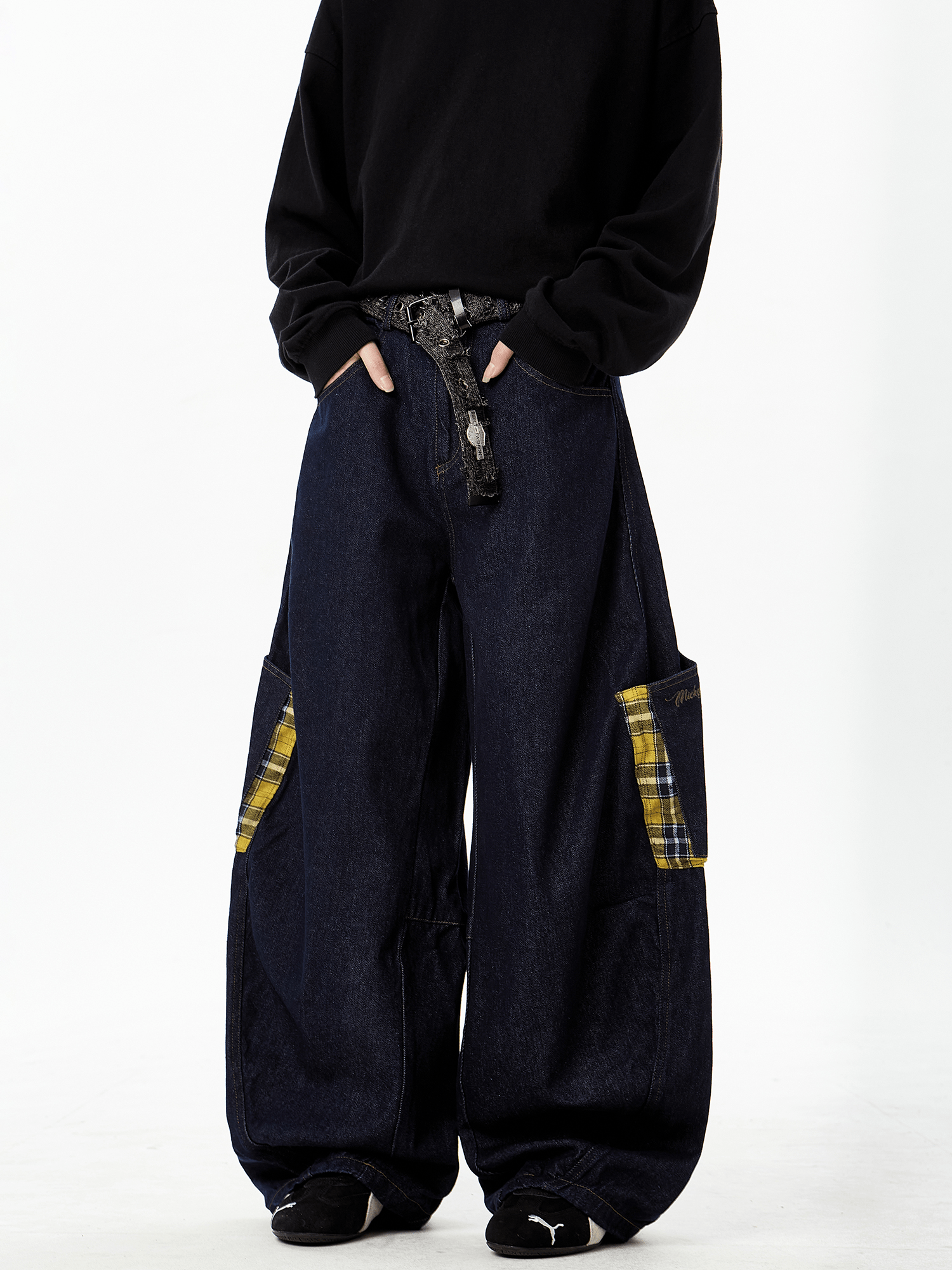 Plaid Panels Baggy Scythe Jeans - COPPING THREADS - CT Select