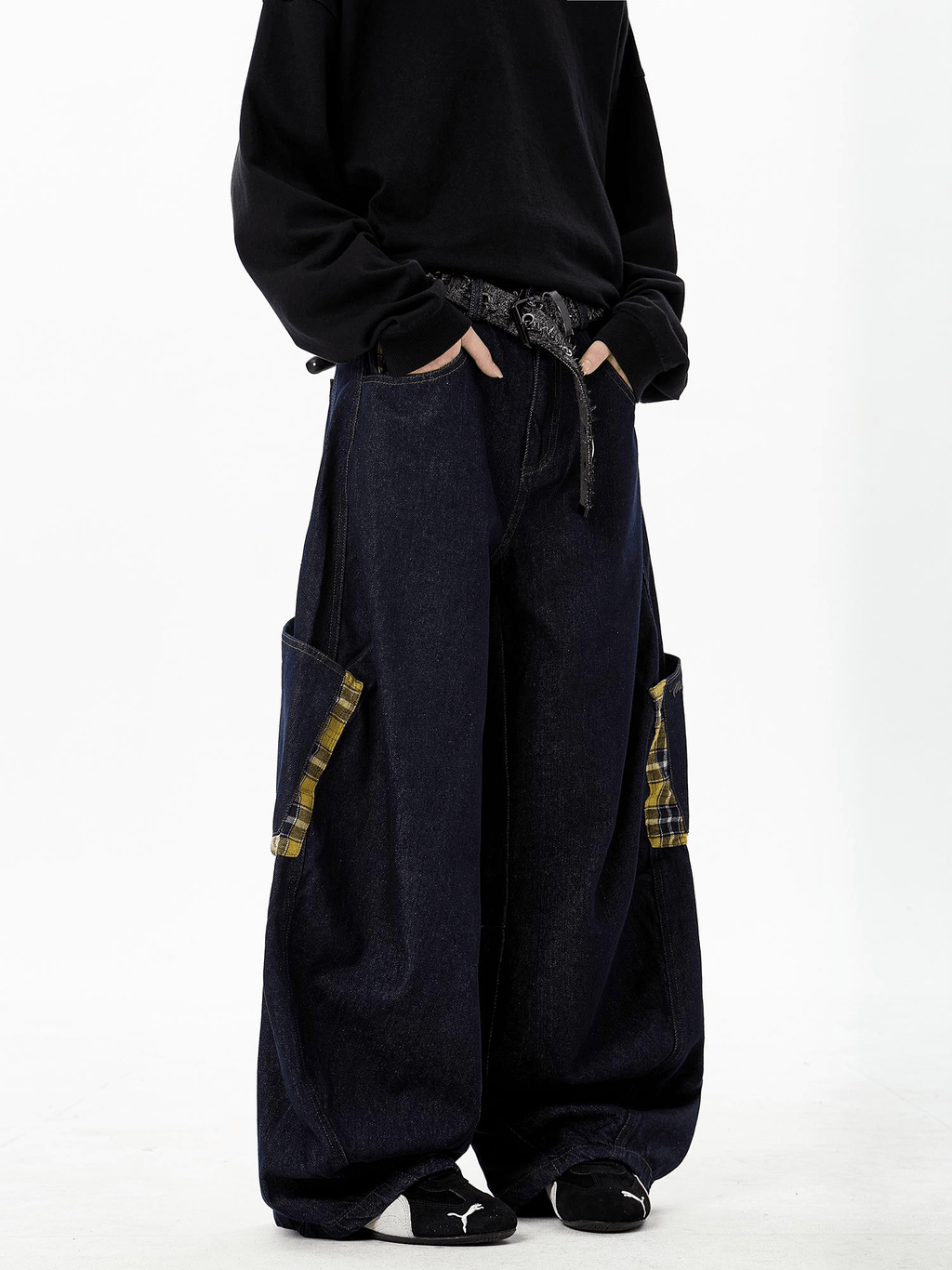 Plaid Panels Baggy Scythe Jeans - COPPING THREADS - CT Select