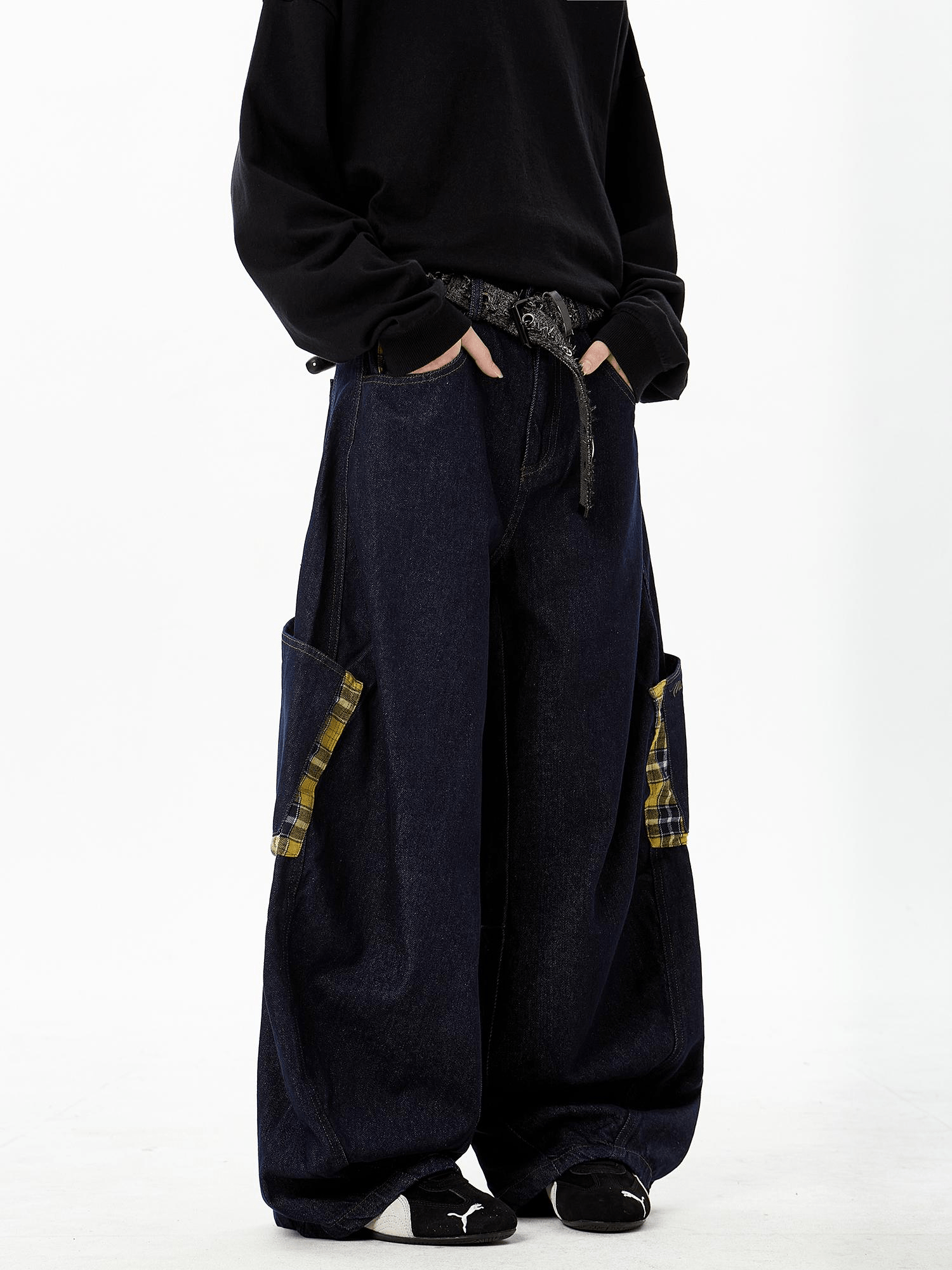 Plaid Panels Baggy Scythe Jeans - COPPING THREADS - CT Select