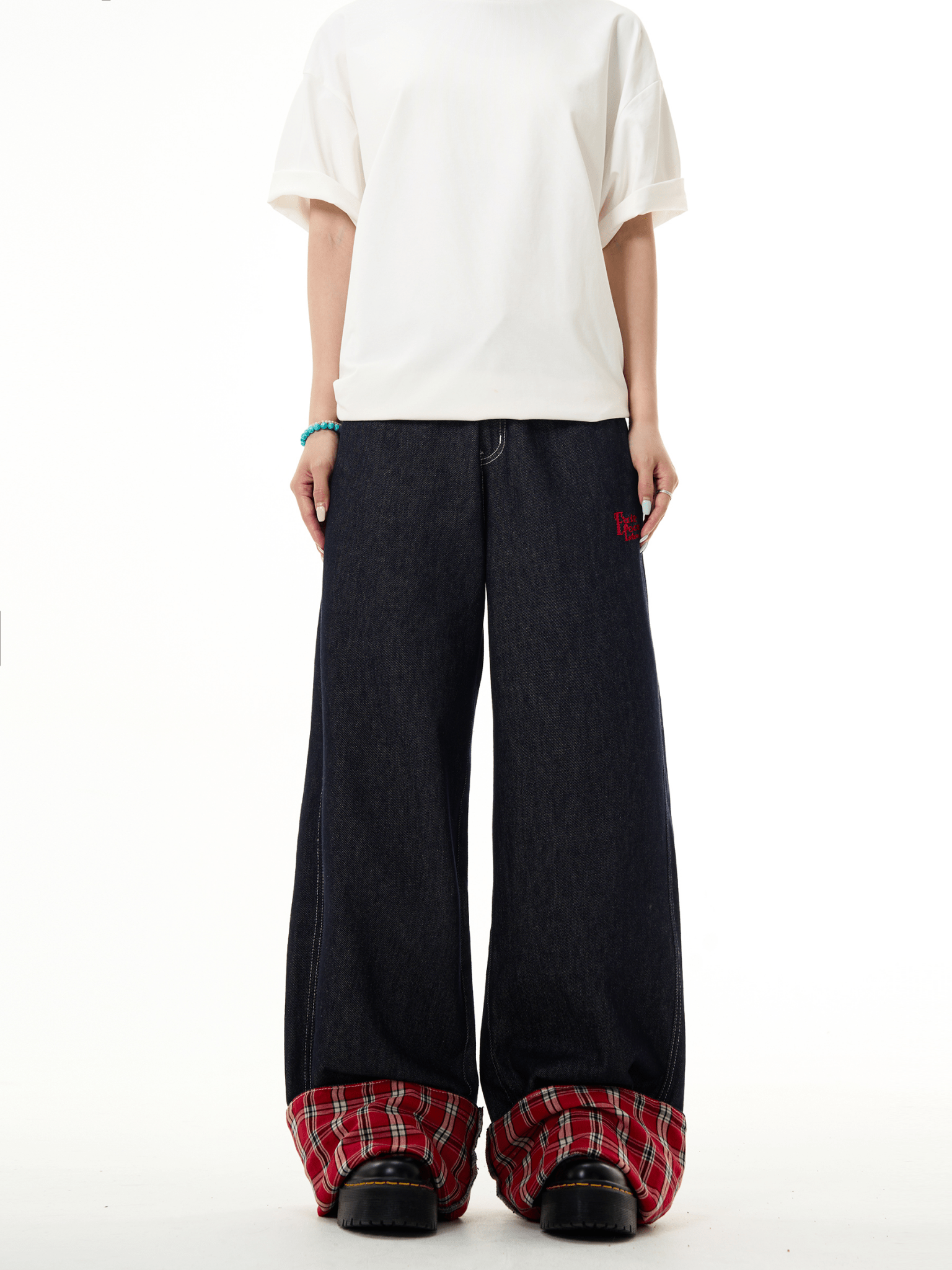 Plaid Patchwork Cuffed Wide - Leg Jeans - COPPING THREADS - CT Basics