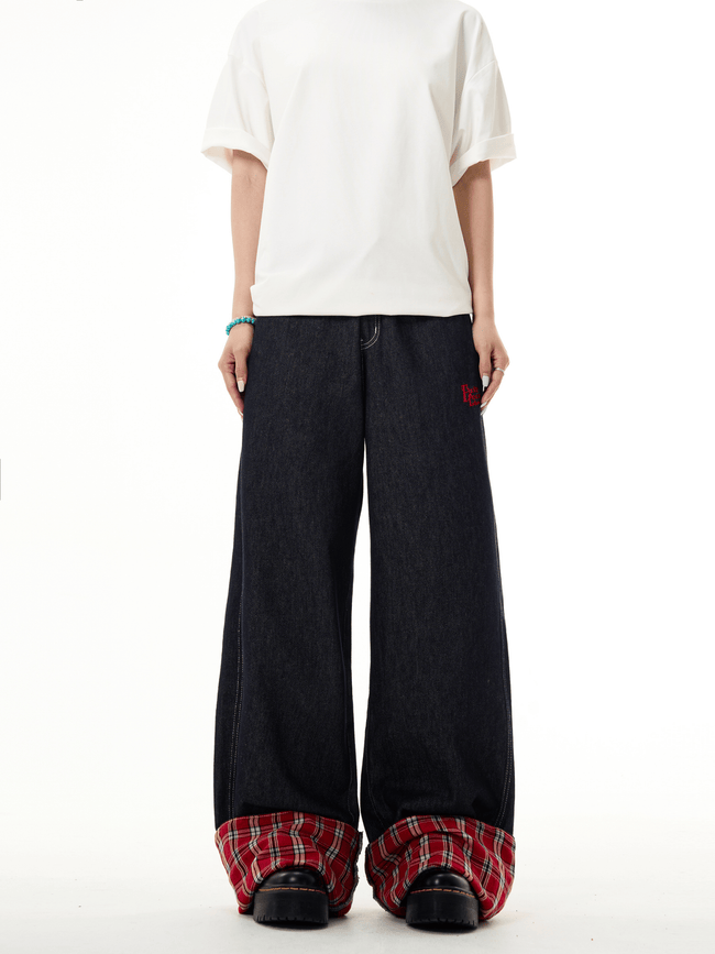 Plaid Patchwork Cuffed Wide - Leg Jeans - COPPING THREADS - CT Basics Hover Image