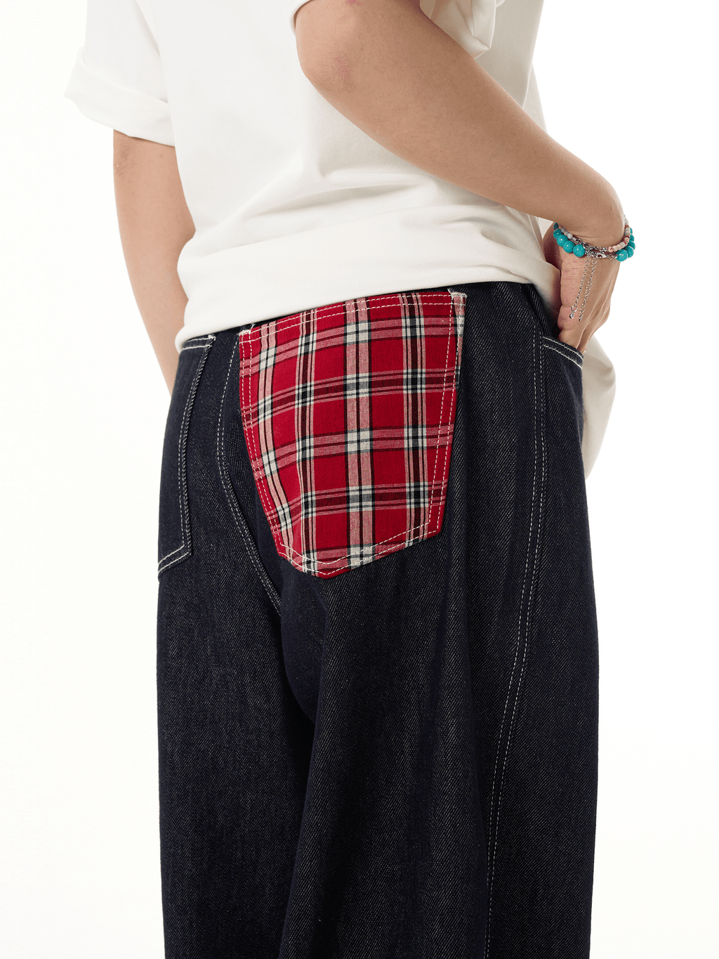 Plaid Patchwork Cuffed Wide - Leg Jeans - COPPING THREADS - CT Basics