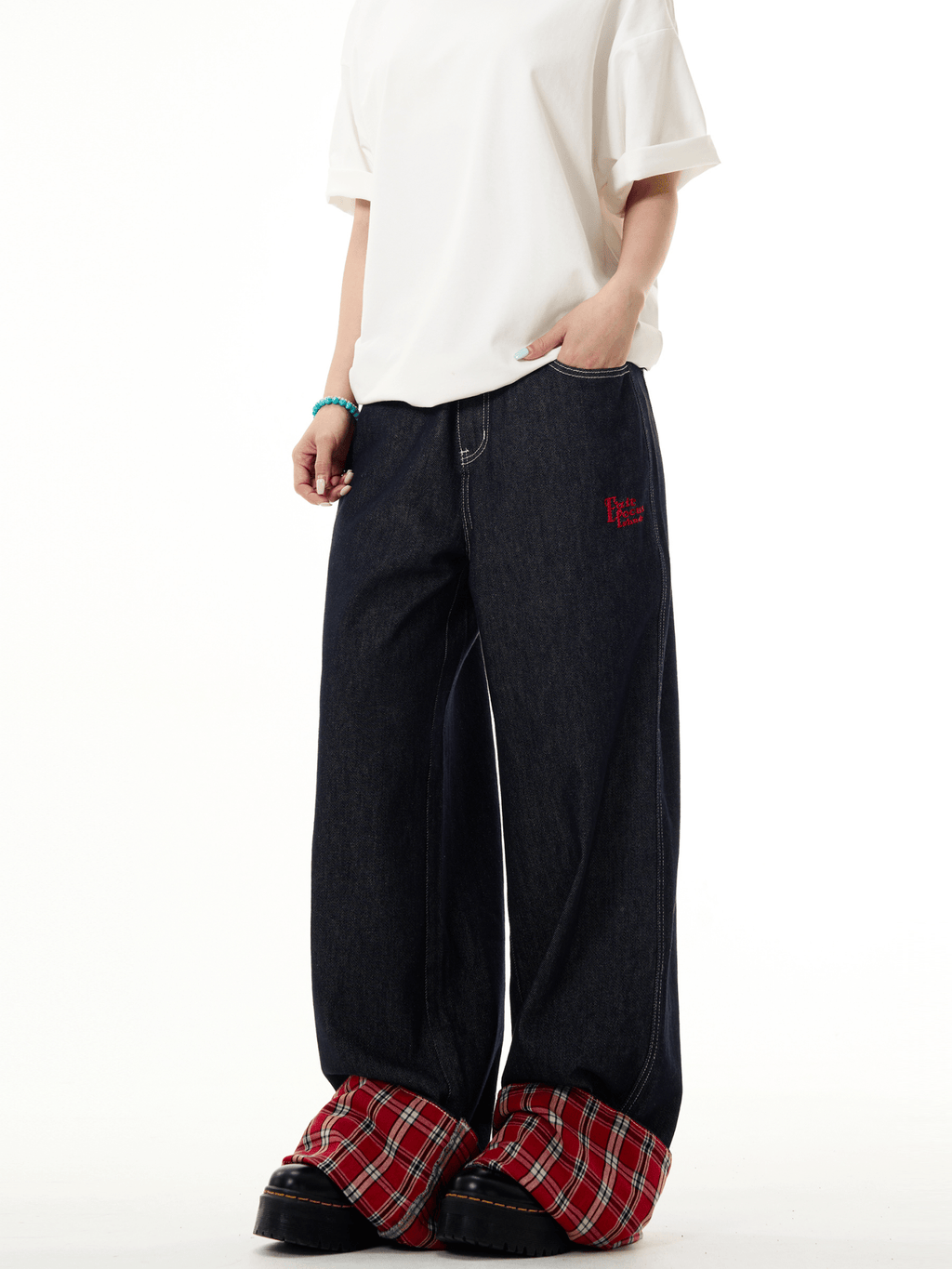 Plaid Patchwork Cuffed Wide - Leg Jeans - COPPING THREADS - CT Basics