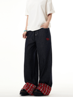 Plaid Patchwork Cuffed Wide - Leg Jeans - COPPING THREADS - CT Basics
