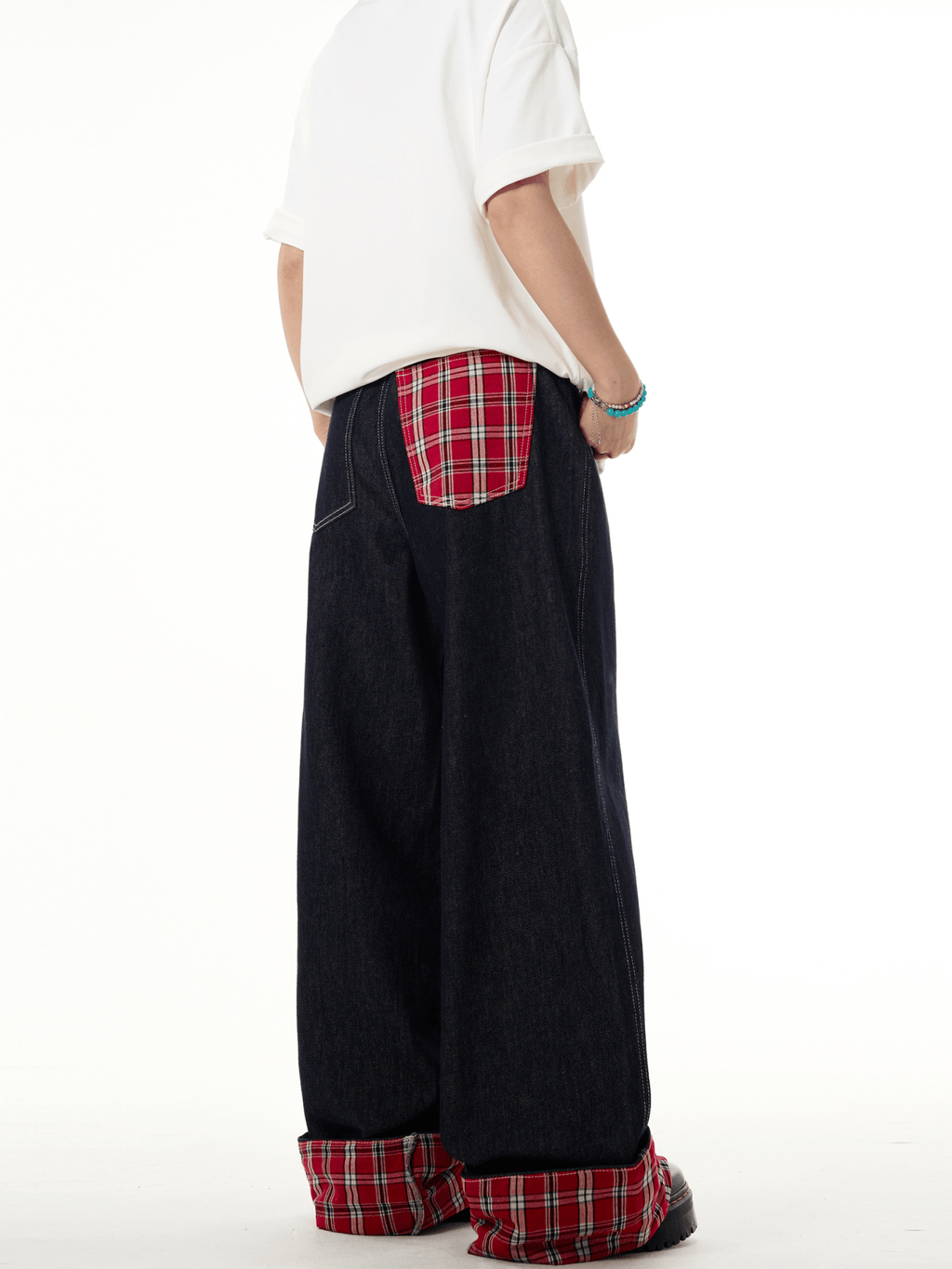 Plaid Patchwork Cuffed Wide - Leg Jeans - COPPING THREADS - CT Basics