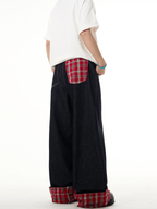 Plaid Patchwork Cuffed Wide - Leg Jeans - COPPING THREADS - CT Basics