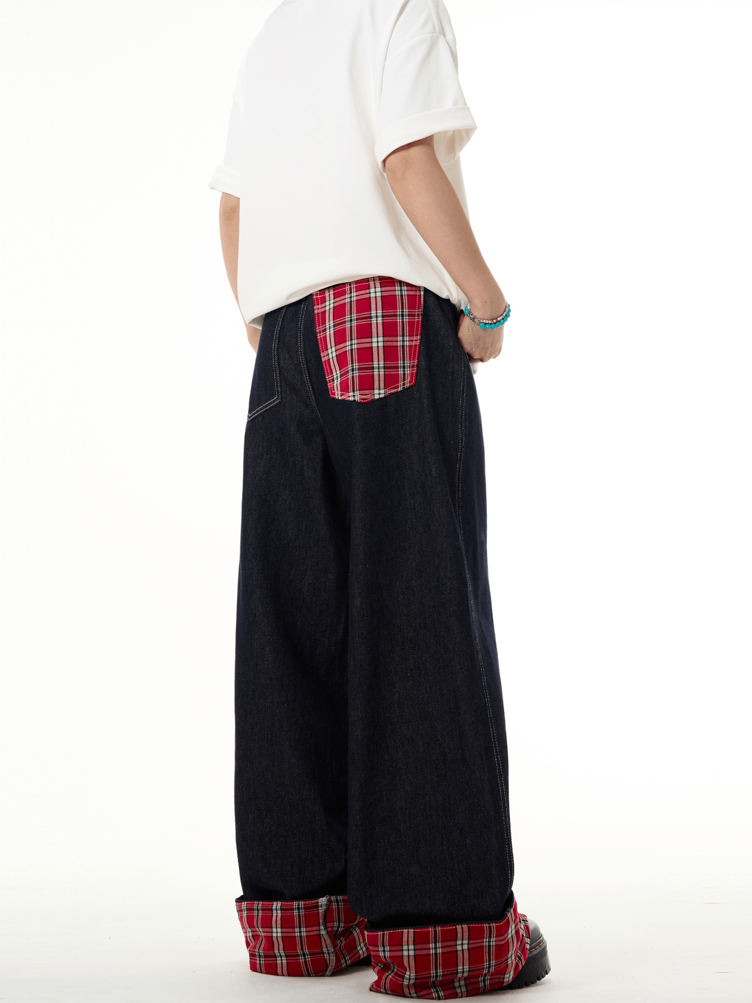 Plaid Patchwork Cuffed Wide - Leg Jeans - COPPING THREADS - CT Basics