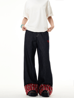 Plaid Patchwork Cuffed Wide - Leg Jeans - COPPING THREADS - CT Basics