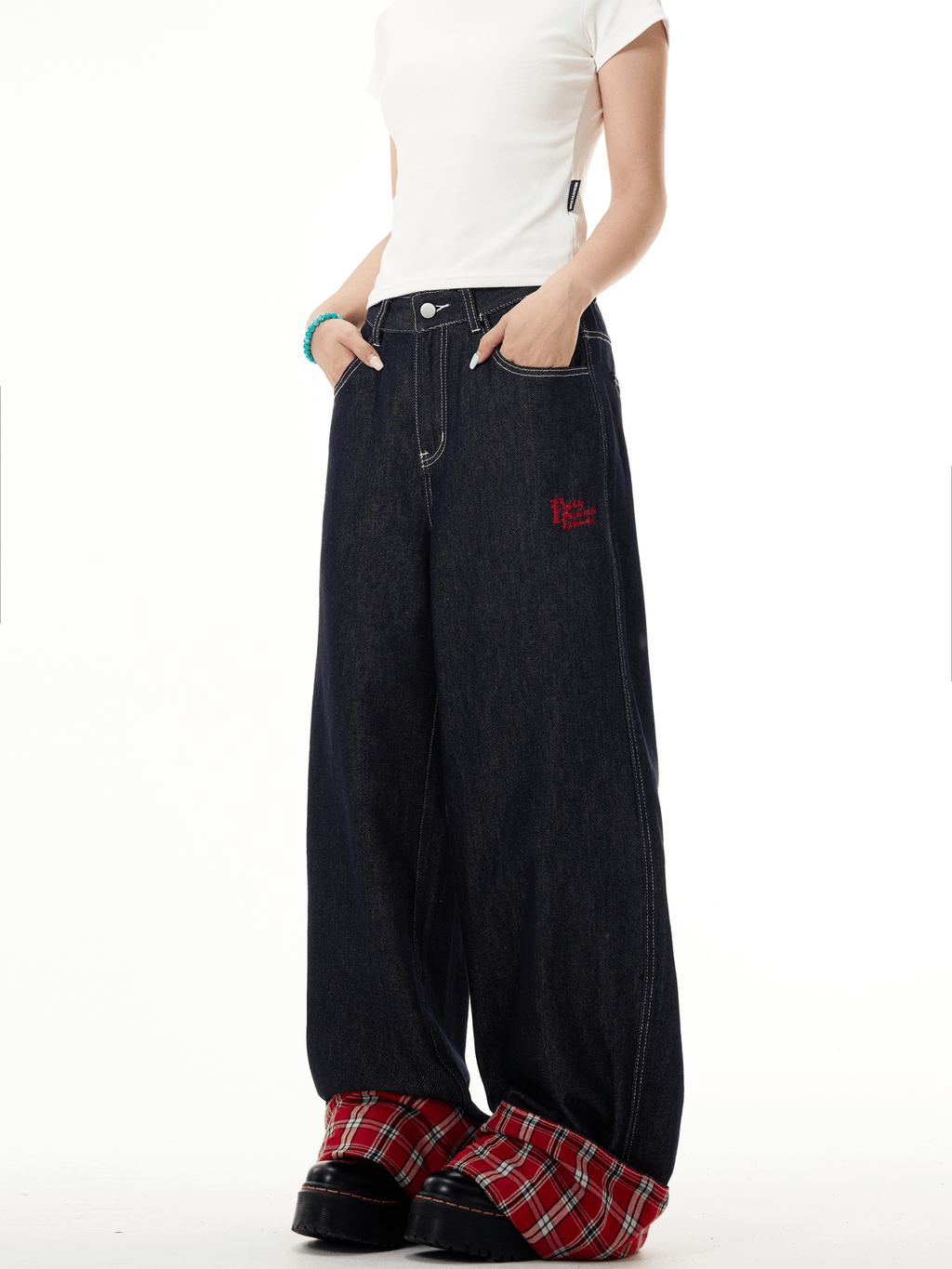 Plaid Patchwork Cuffed Wide - Leg Jeans - COPPING THREADS - CT Basics