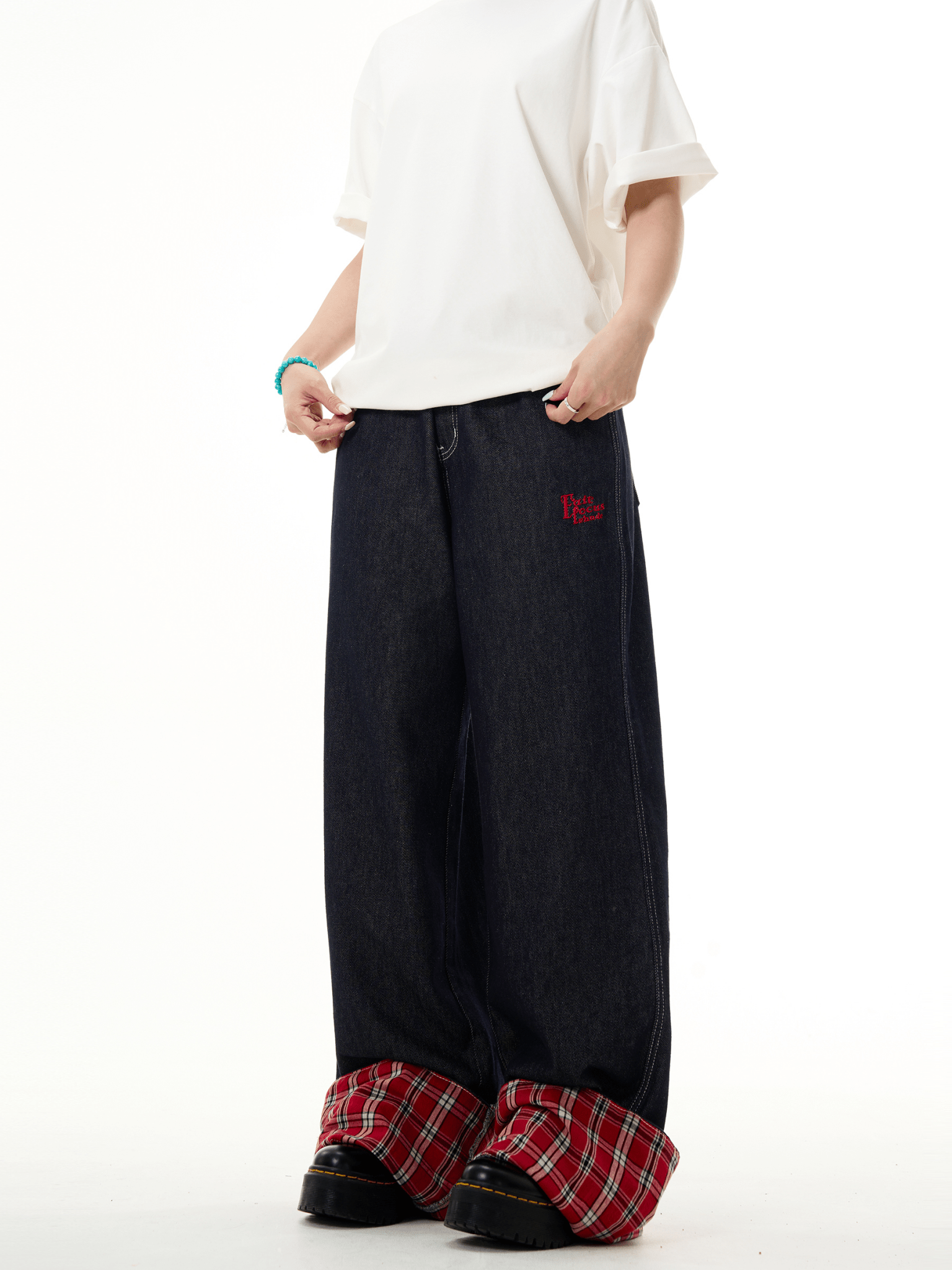 Plaid Patchwork Cuffed Wide - Leg Jeans - COPPING THREADS - CT Basics