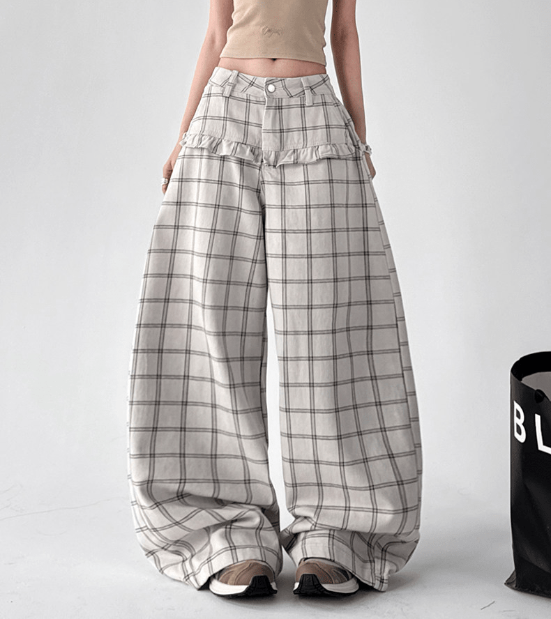 Plaid Ruffle High - Waist Wide - Leg Pants – CT2005 - COPPING THREADS - CT Select