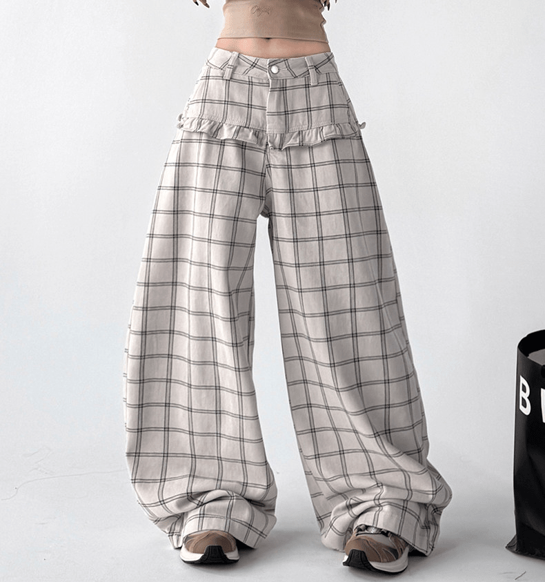 Plaid Ruffle High - Waist Wide - Leg Pants – CT2005 - COPPING THREADS - CT Select