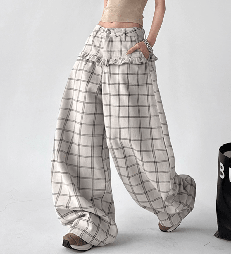 Plaid Ruffle High - Waist Wide - Leg Pants – CT2005 - COPPING THREADS - CT Select