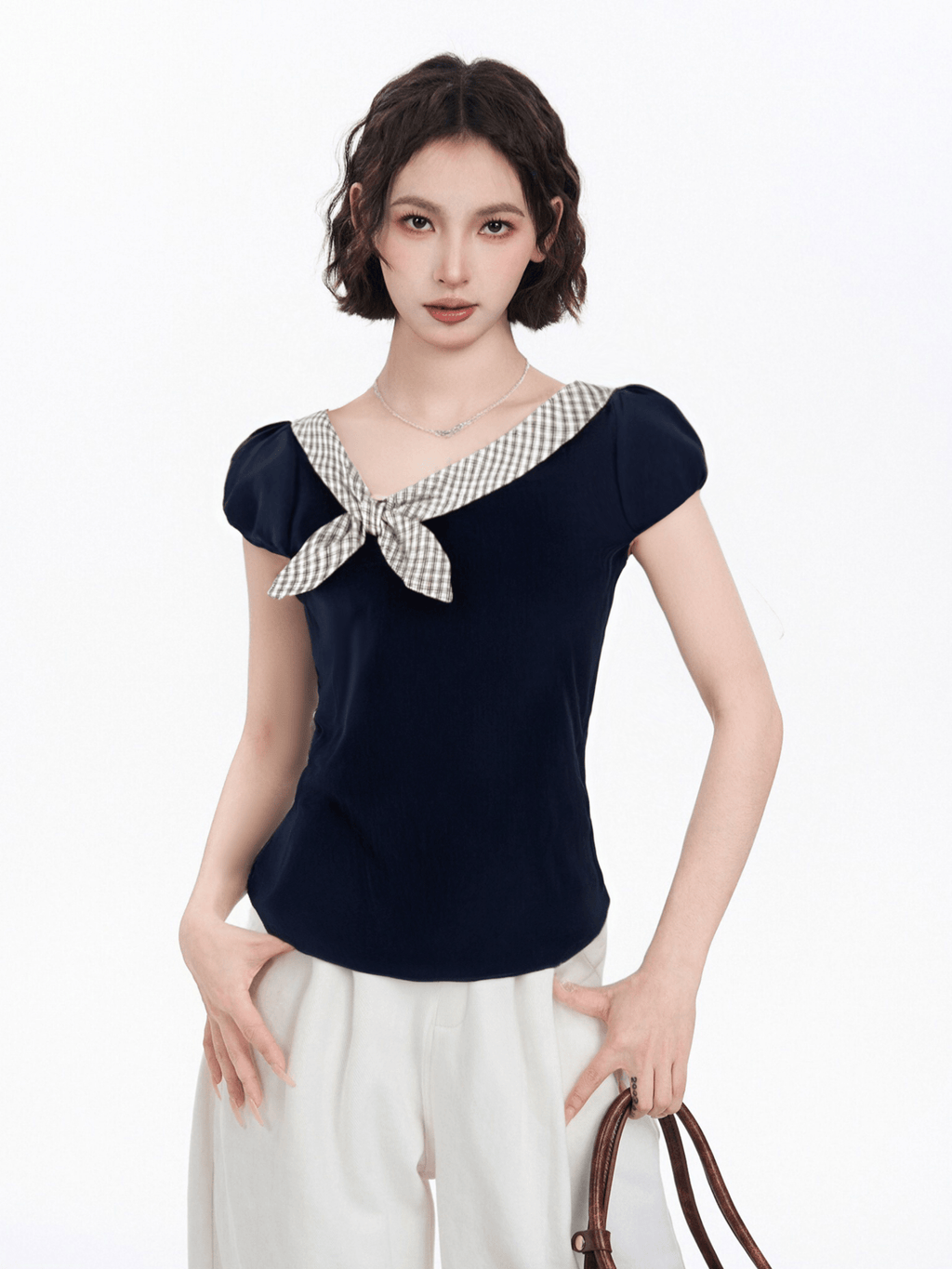 Plaid Tie Detail V - Neck Tee - COPPING THREADS - CT Select