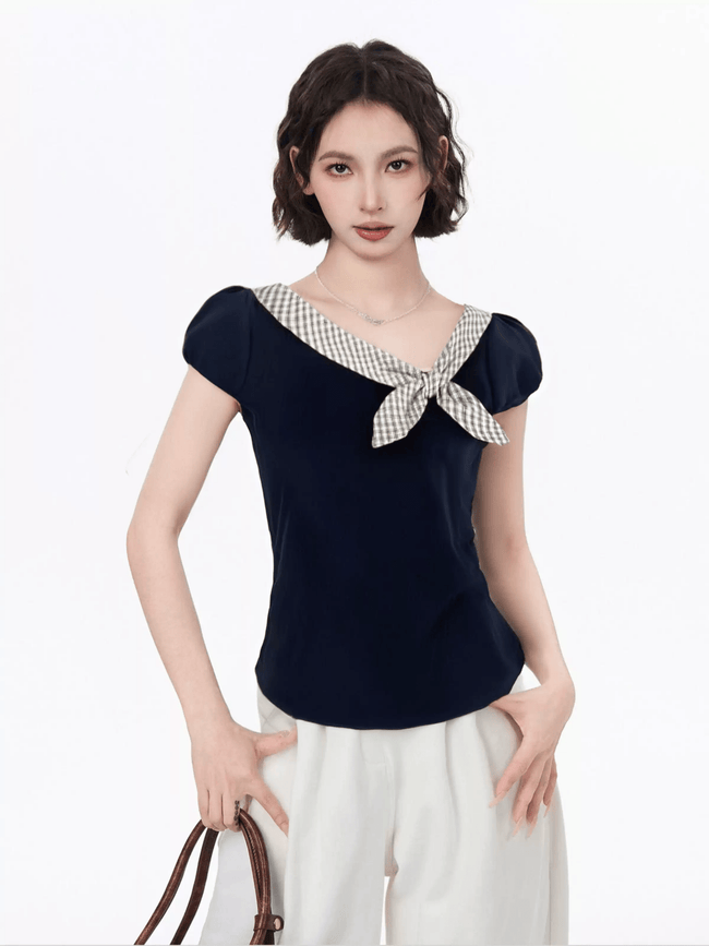 Plaid Tie Detail V - Neck Tee - COPPING THREADS - CT Select Hover Image