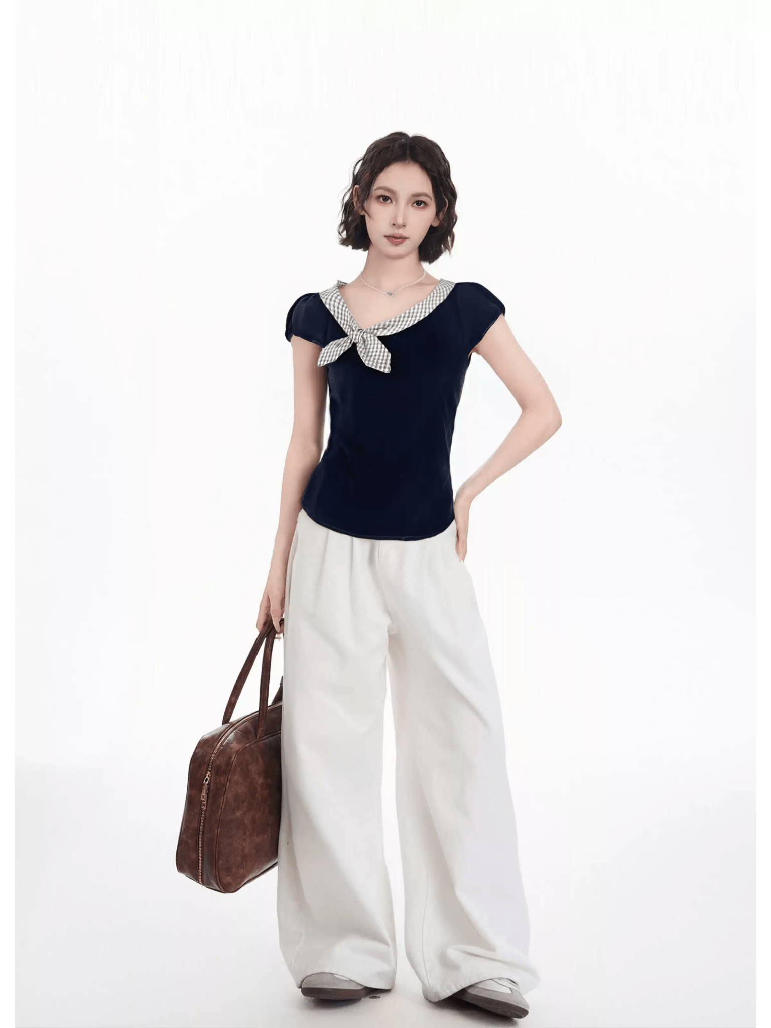 Plaid Tie Detail V-Neck Tee Secondary image