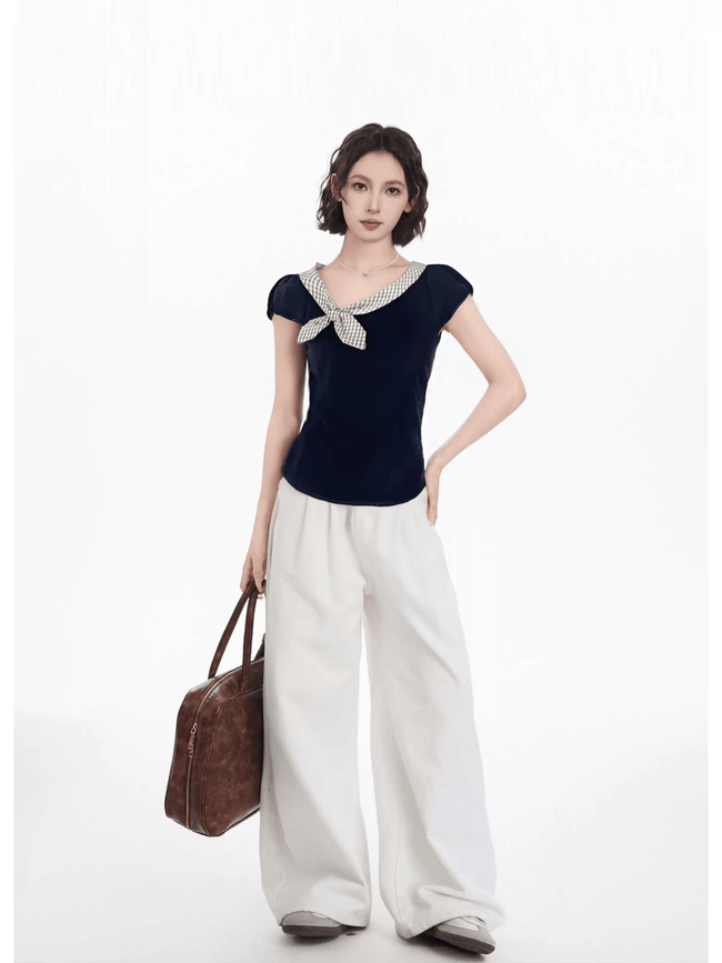 Plaid Tie Detail V-Neck Tee Main Image