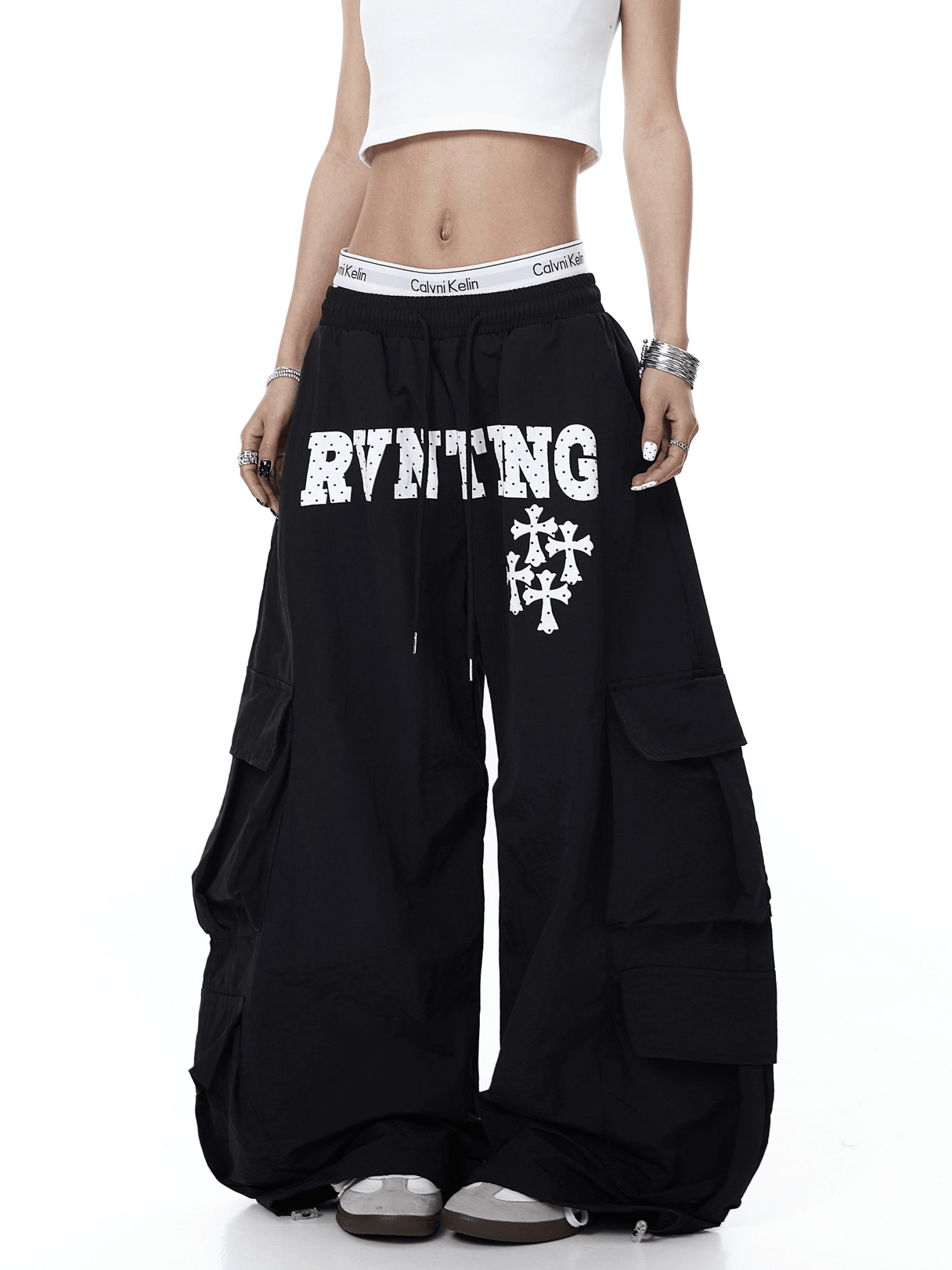 Polka Dot Letter Print Parachute Cargo Pants Secondary image
