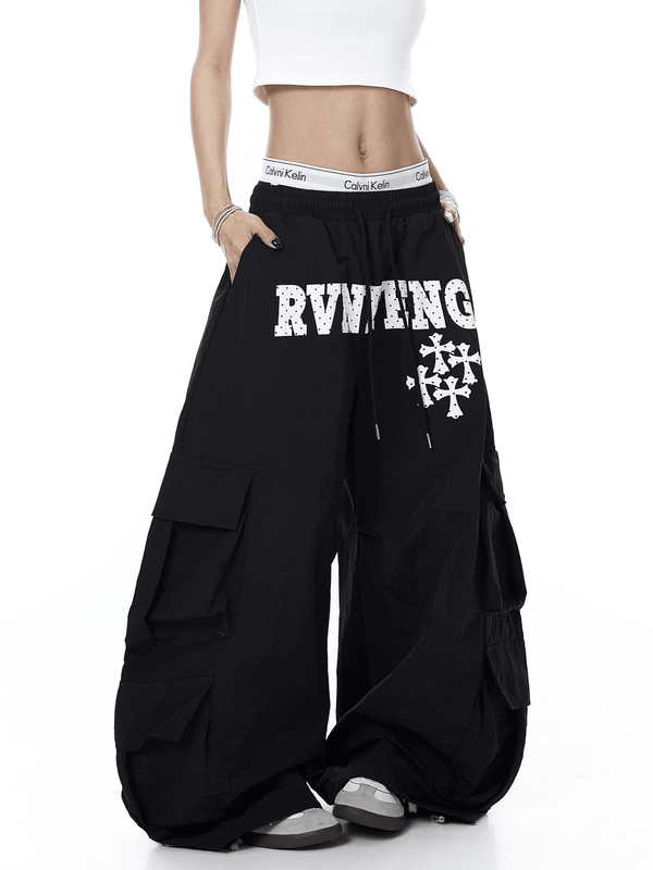 Polka Dot Letter Print Parachute Cargo Pants - COPPING THREADS - CT Select