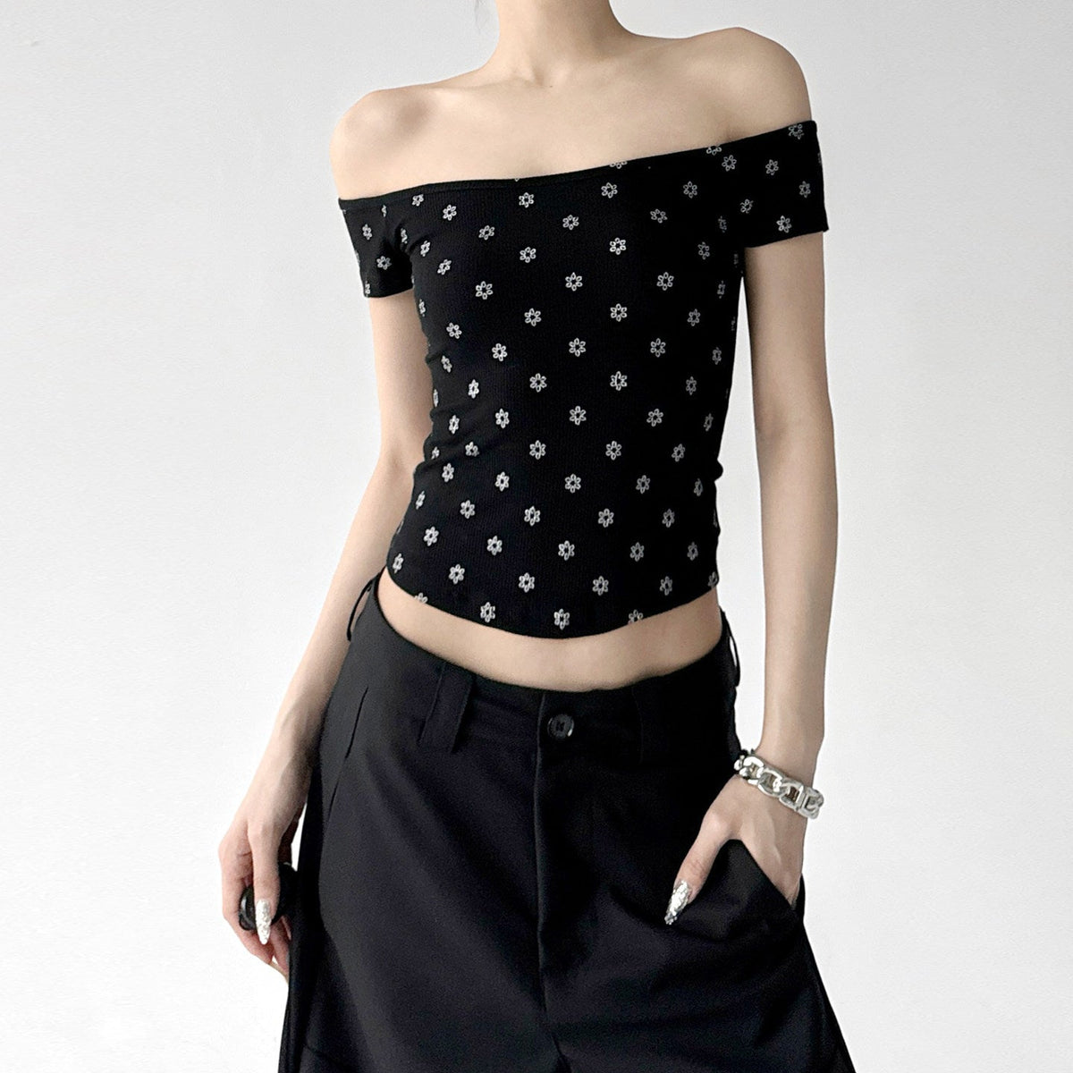 Polka-Dot Off-Shoulder Fitted Tee - CT6662 - COPPING THREADS - CT ORIGINALS