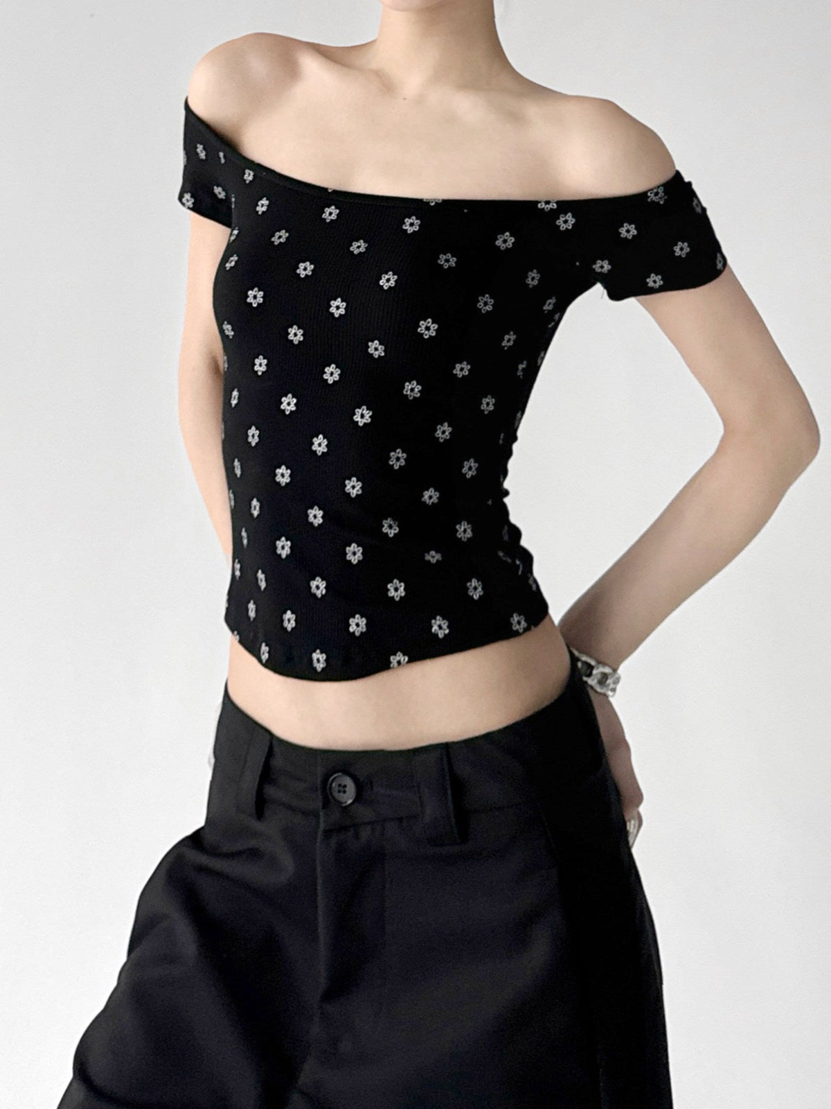 Polka-Dot Off-Shoulder Fitted Tee - CT6662 - COPPING THREADS - CT ORIGINALS