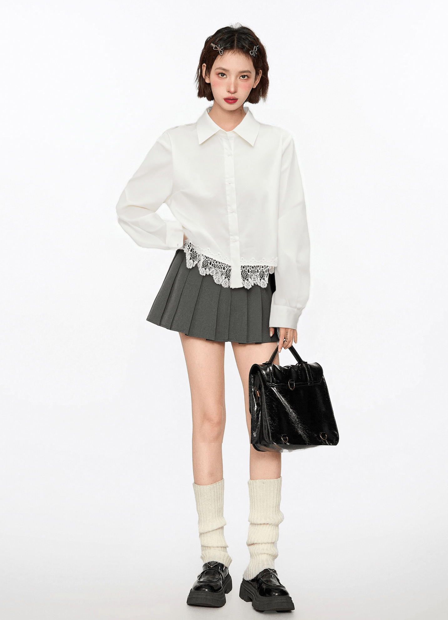 Polo Collar Contrast Lace-Up Long Sleeve Shirt Secondary image