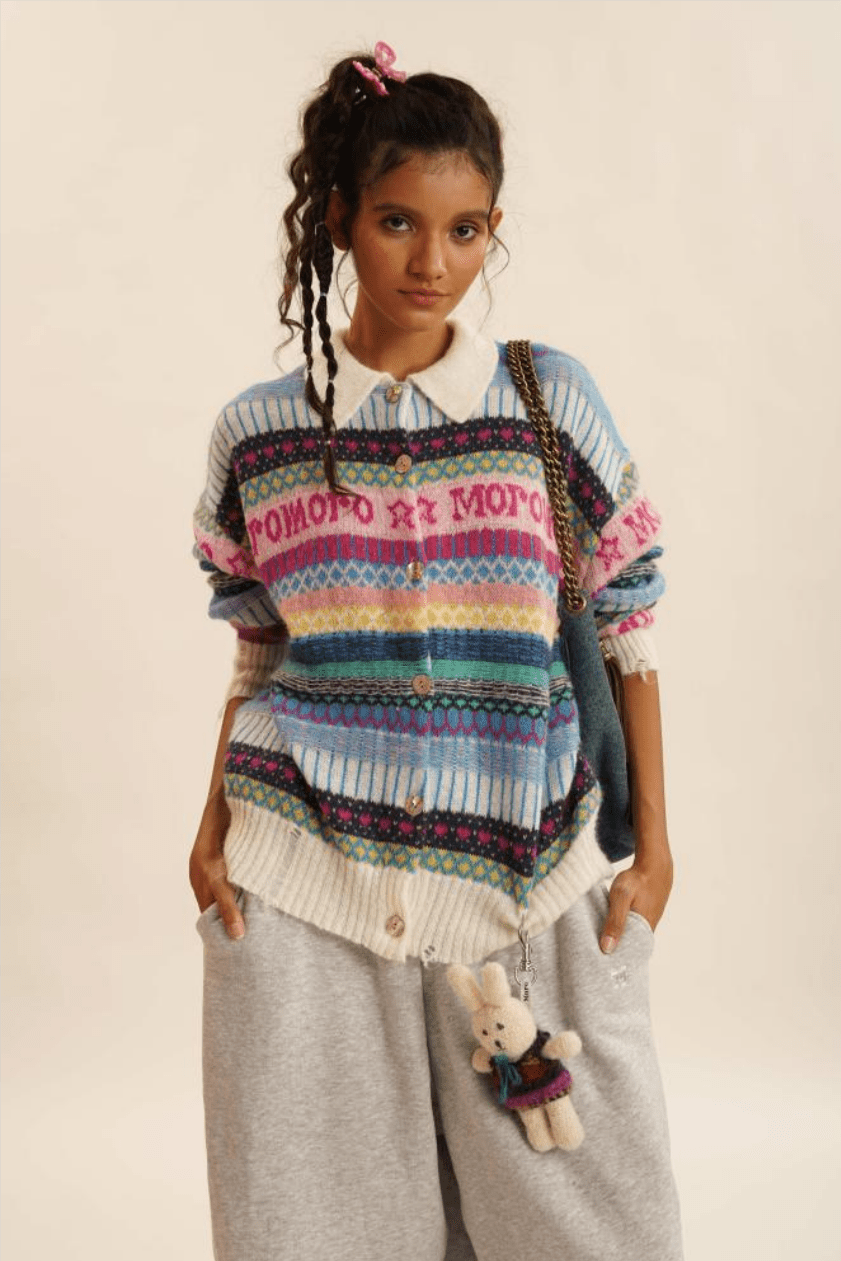 Polo Neck Colorful Stripe Fair Isle Knit Cardigan - COPPING THREADS - MOROMORO