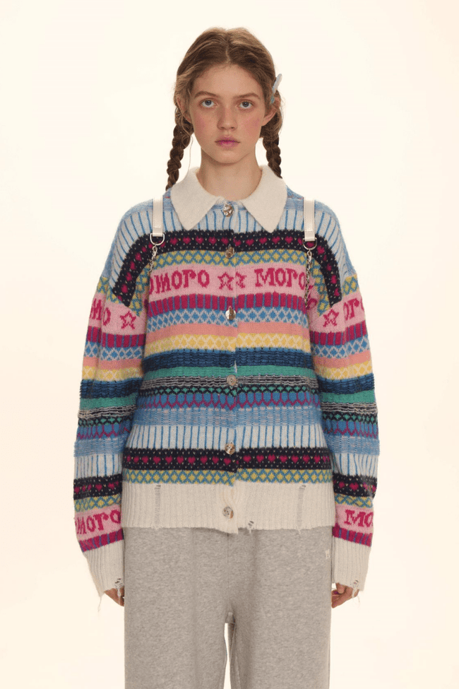 Polo Neck Colorful Stripe Fair Isle Knit Cardigan - COPPING THREADS - MOROMORO Hover Image