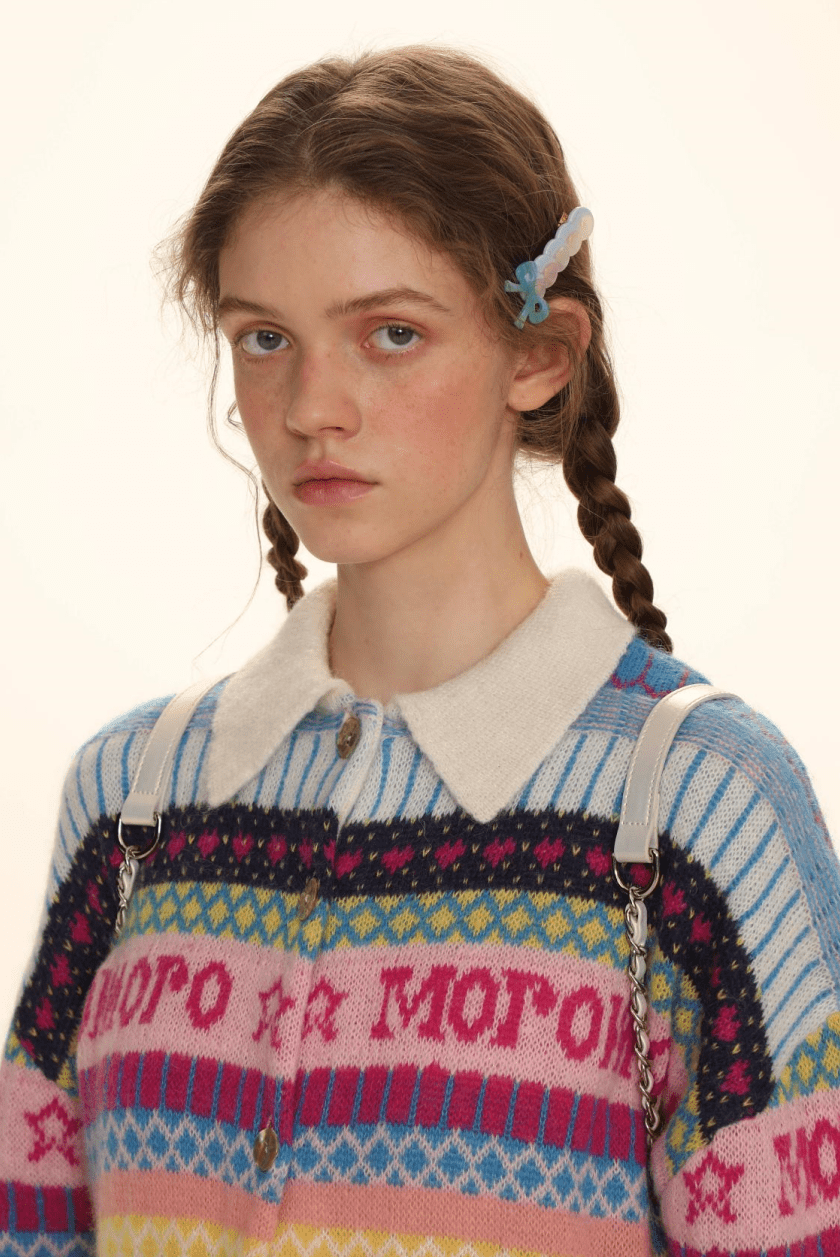 Polo Neck Colorful Stripe Fair Isle Knit Cardigan - COPPING THREADS - MOROMORO