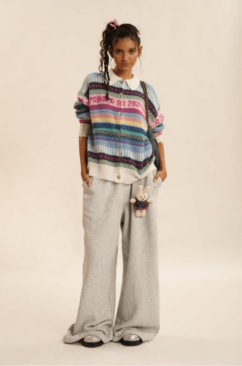 Polo Neck Colorful Stripe Fair Isle Knit Cardigan - COPPING THREADS - MOROMORO